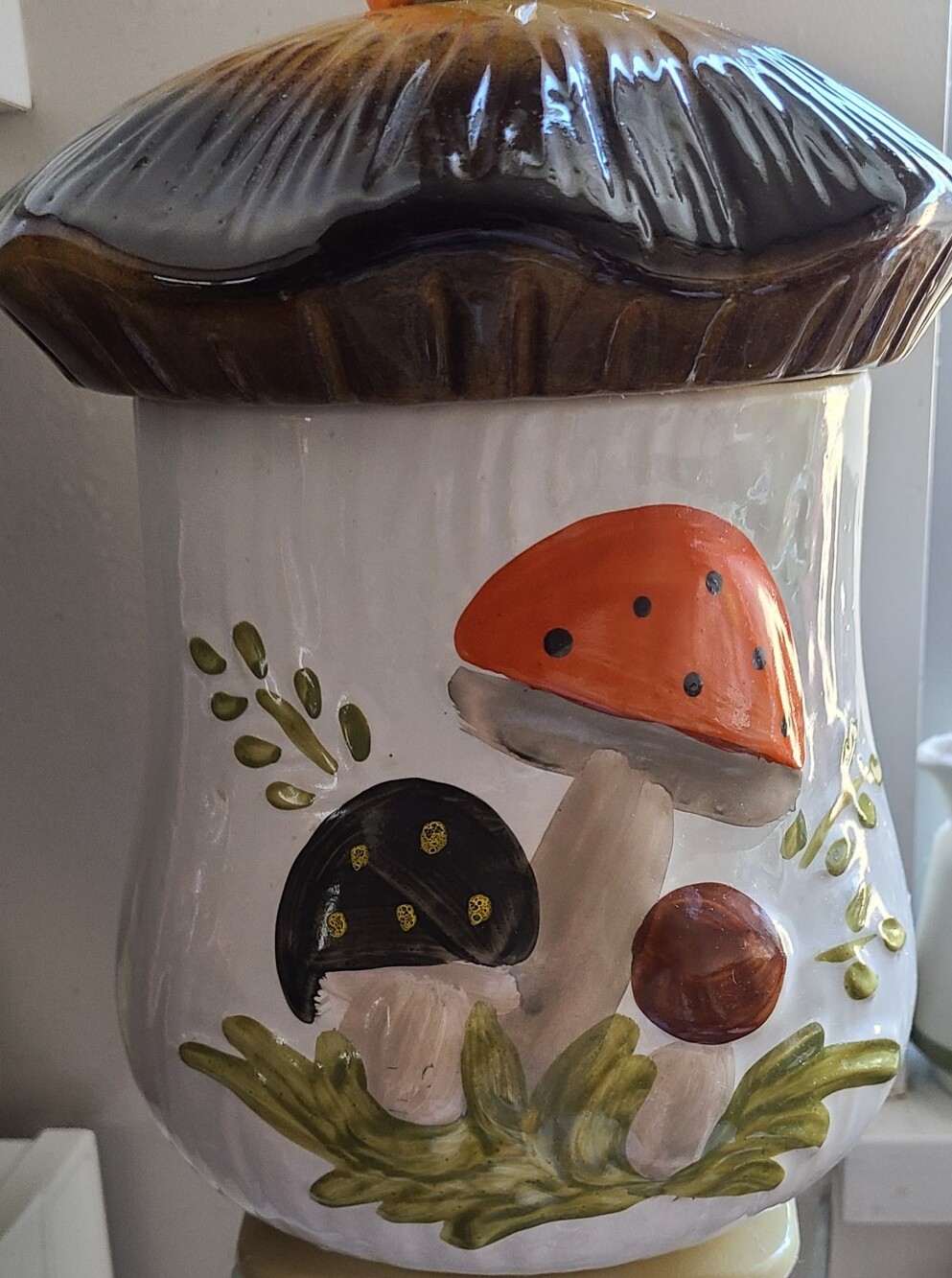 Vintage 1970's Hand-Painted Mushroom Ceramic Canister - Orange & Brown